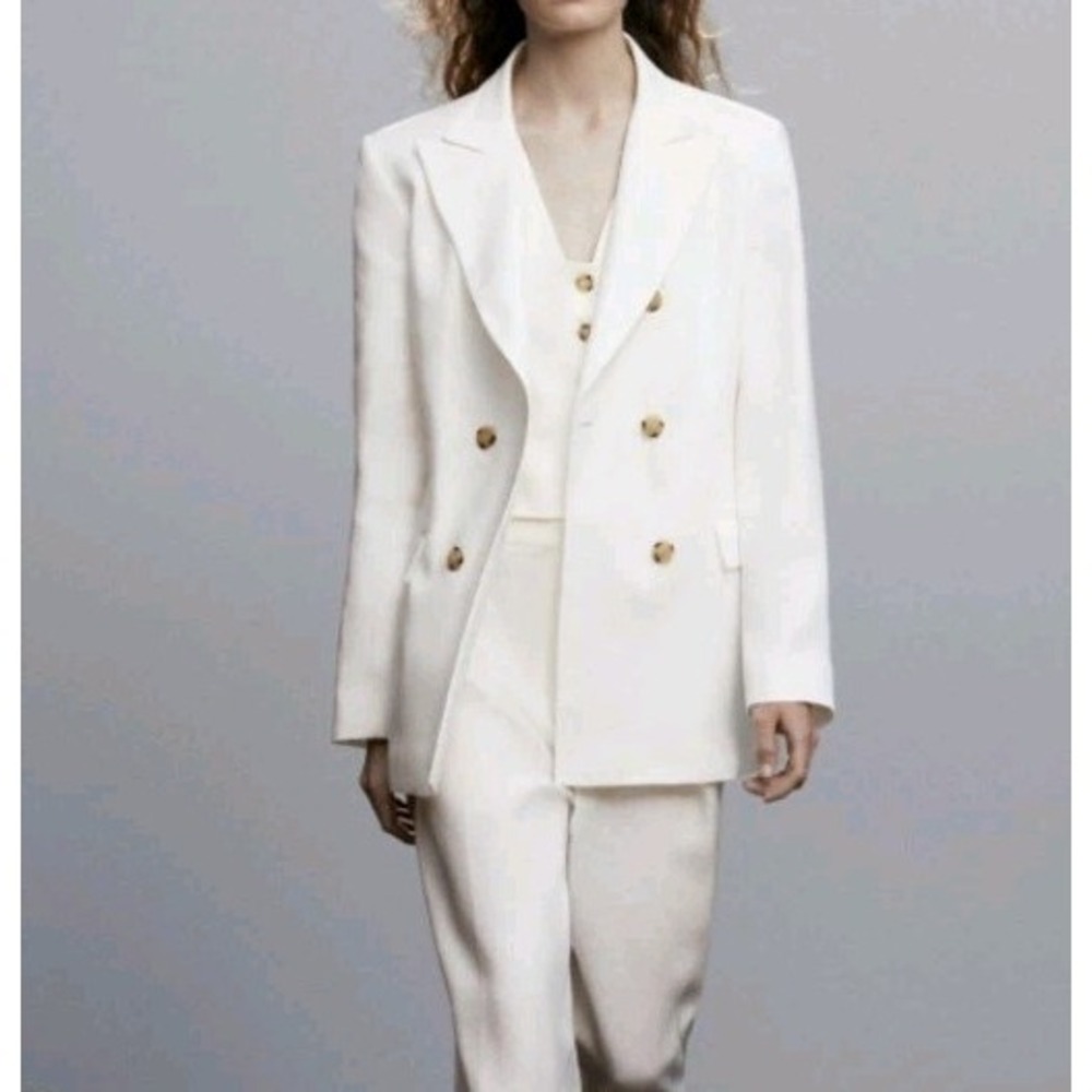 Massimo Dutti 100% Linen Double Breasted Blazer Off White Size 6 NWT